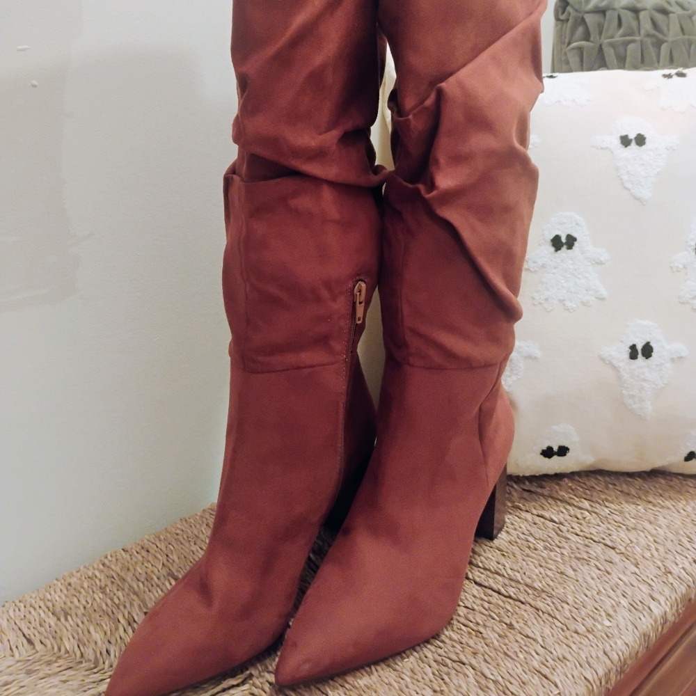 Faux Suede Brown Knee-High Slouch Boots